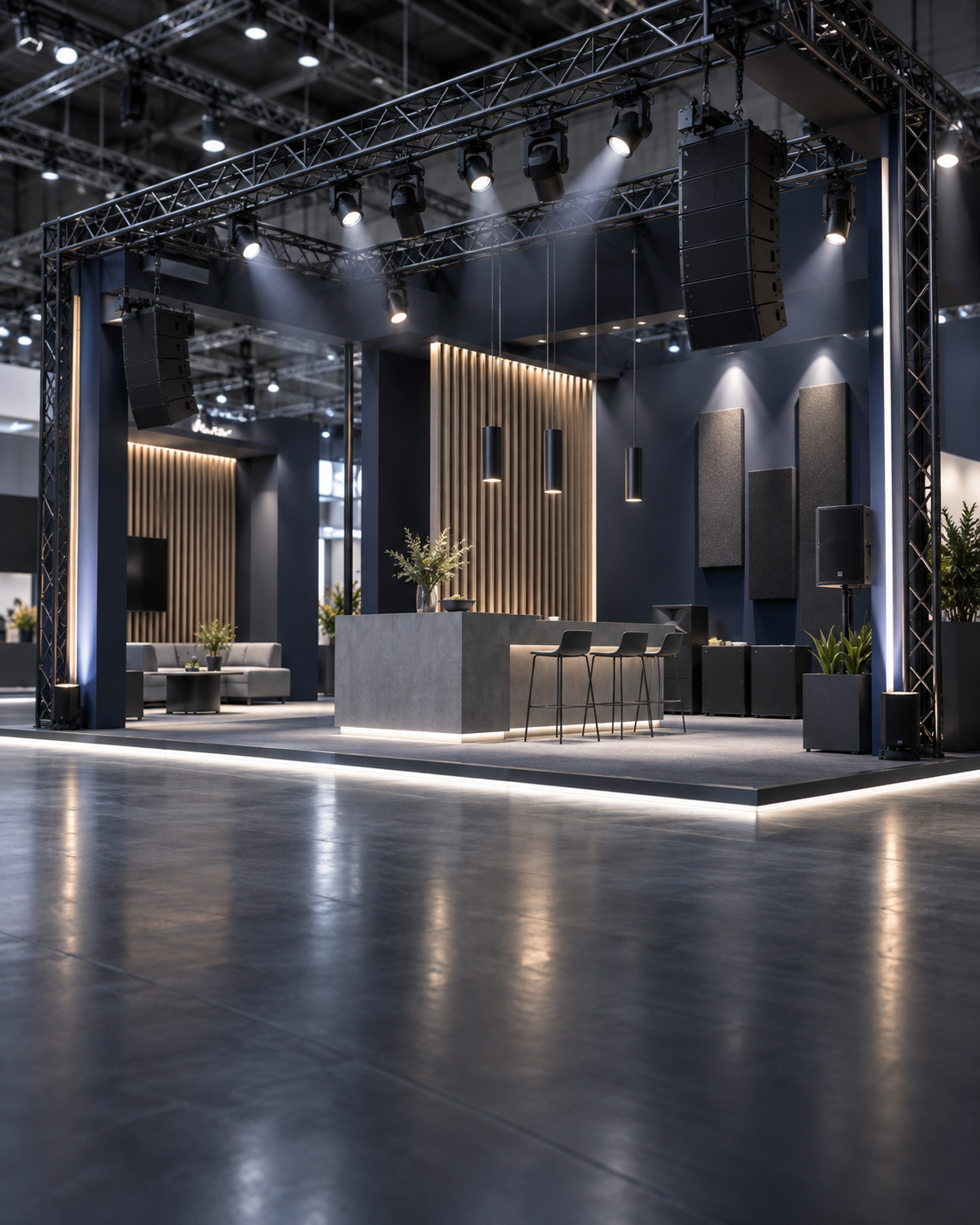 Messestand mit Traversen, Scheinwerfern und Audiotechnik