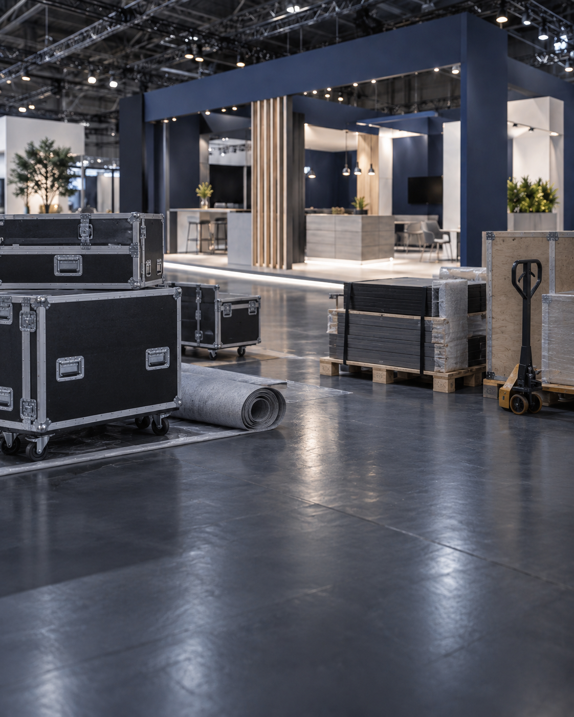 Transportkisten und Material vor einem aufgebauten Messestand