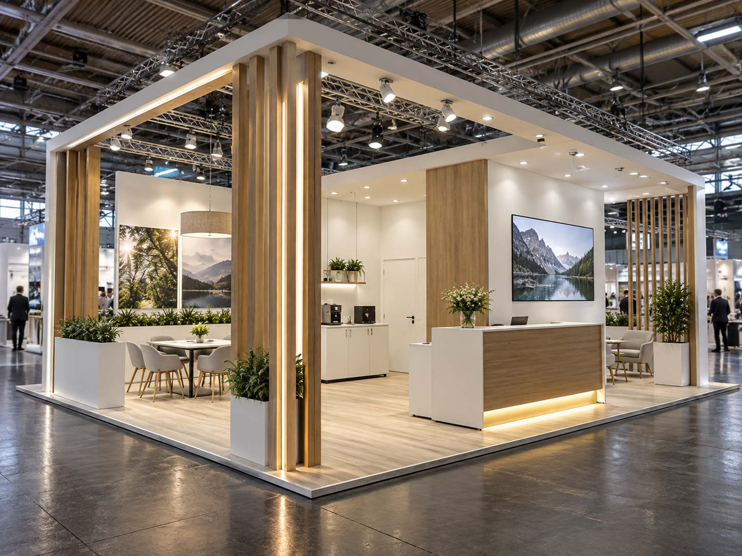 Beispielhafte Visualisierung eines offenen Messestands mit Holz, weißen Flächen und warmer Beleuchtung