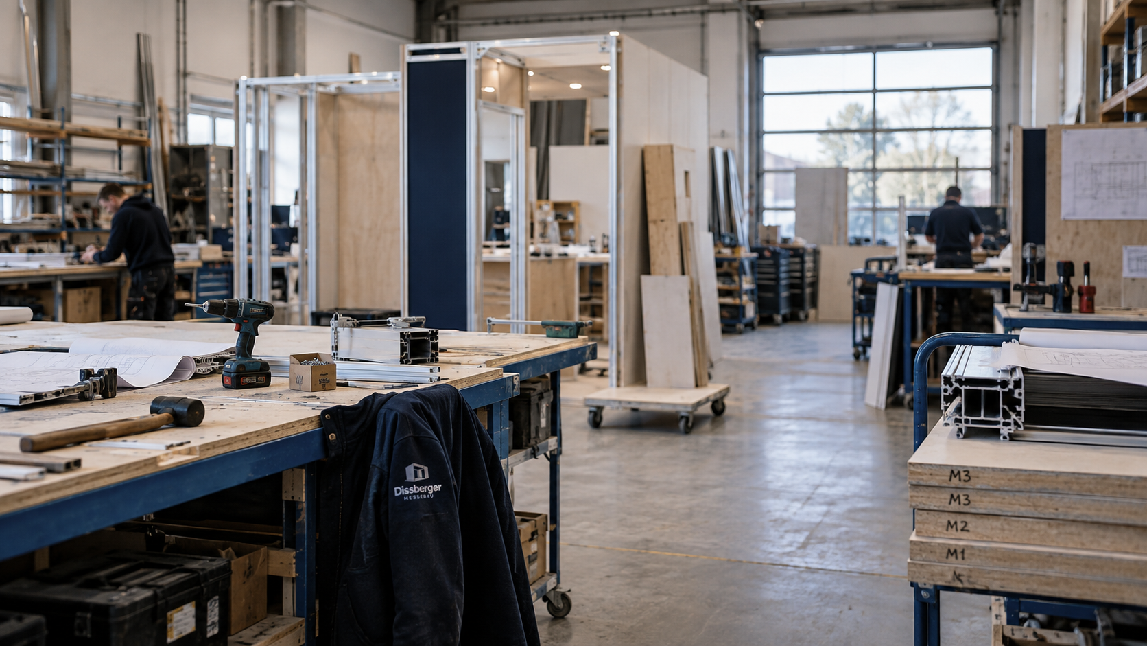 Werkstatt von Dissberger Messebau mit Arbeitsflächen, Werkzeugen und Messebauelementen
